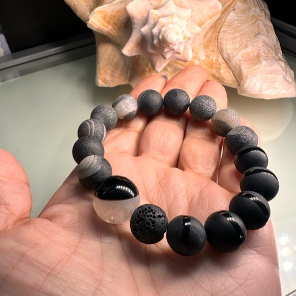 DRUZI AGATE + TUXEDO + ONYX + STONES BRACELET Size 7” - Picture 6 of 13